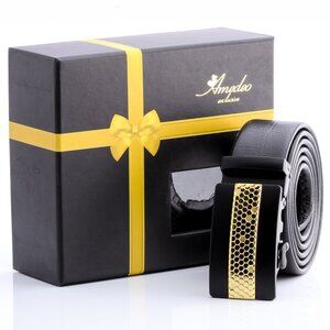 Gold Honeycomb Automatic Ratchet Belt Black Leather, No Holes needed Perfect Fit
